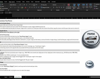 May include: A computer screen displaying a spreadsheet with instructions on how to use a macro to parse years from a data set. The macro will process year ranges, extract individual years, and validate the data. The spreadsheet has a button labeled "Parse Years" and a section labeled "FAQ".