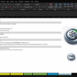 May include: A screenshot of a spreadsheet with instructions for using a "Year Range Finder" macro. The instructions include steps on how to set up the sheet, use the macro, and verify the results. The macro will insert the year range into column 8. A gray button with the text "Find Range" is shown in the upper right corner of the image.