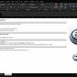 May include: A screenshot of a Microsoft Excel spreadsheet with instructions on how to use a macro to find a year range. The instructions are titled "Year Range Finder". The spreadsheet has a button labelled "Find Range" with a car icon. The button is grey with a green gauge.