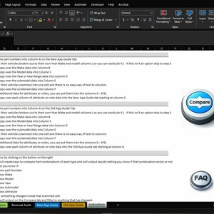 Può includere: Uno screenshot di un foglio di calcolo con istruzioni per confrontare i dati in due diverse applicazioni. Le istruzioni sono etichettate come "Nuova guida dell'app" e "Vecchia guida dell'app". Ci sono anche pulsanti etichettati come "Confronta" e "FAQ".