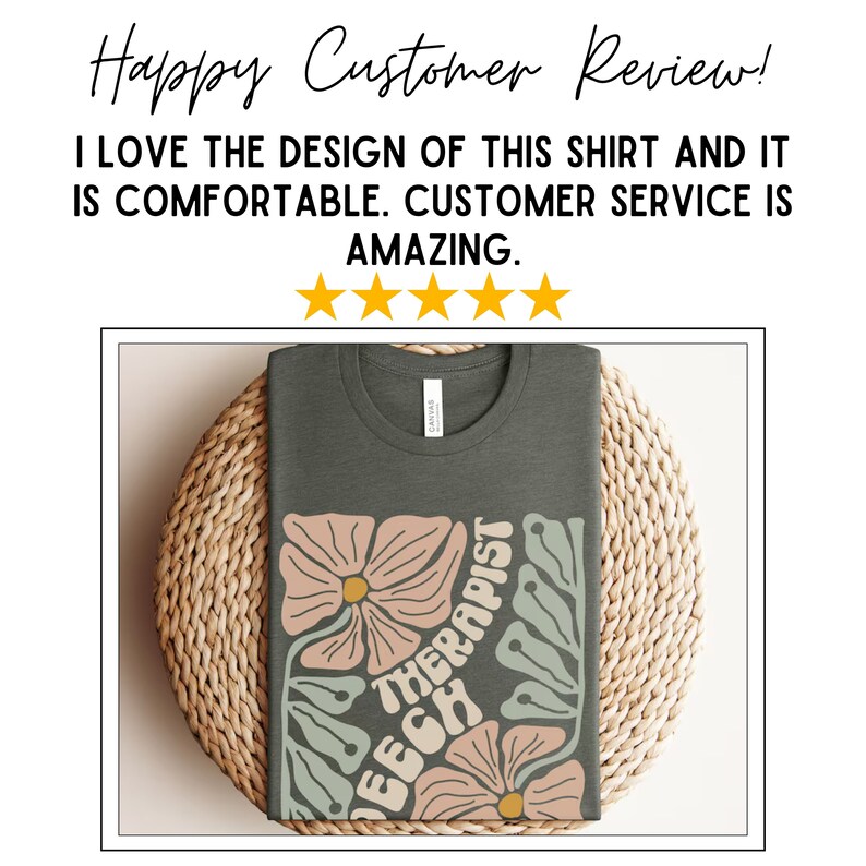 May include: A dark green t-shirt with a floral design and the text "Speech Therapist" in a retro font. The shirt is on a woven straw mat.