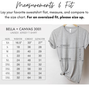 May include: A size chart for a unisex jersey t-shirt, showing measurements in inches for width, chest, and length. The chart includes sizes XS to 5XL. The chart is accompanied by a photo of a gray t-shirt with measurements marked on it.