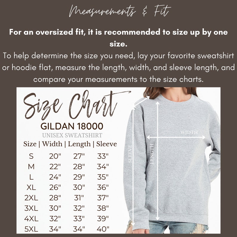 K&ouml;nnte beinhalten: Gr&ouml;&szlig;entabelle f&uuml;r Gildan 18000 Unisex-Sweatshirts. Die Tabelle zeigt die Ma&szlig;e in Zoll f&uuml;r Breite, L&auml;nge und &Auml;rmell&auml;nge f&uuml;r die Gr&ouml;&szlig;en S bis 5XL.