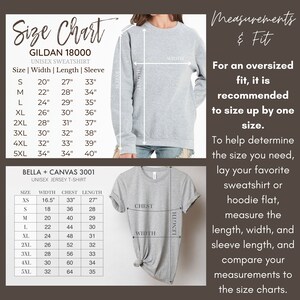 May include: Size chart for Gildan 18000 unisex sweatshirt and Bella + Canvas 3001 unisex jersey t-shirt. The chart shows measurements in inches for width, length, and sleeve length for each size from XS to 5XL.