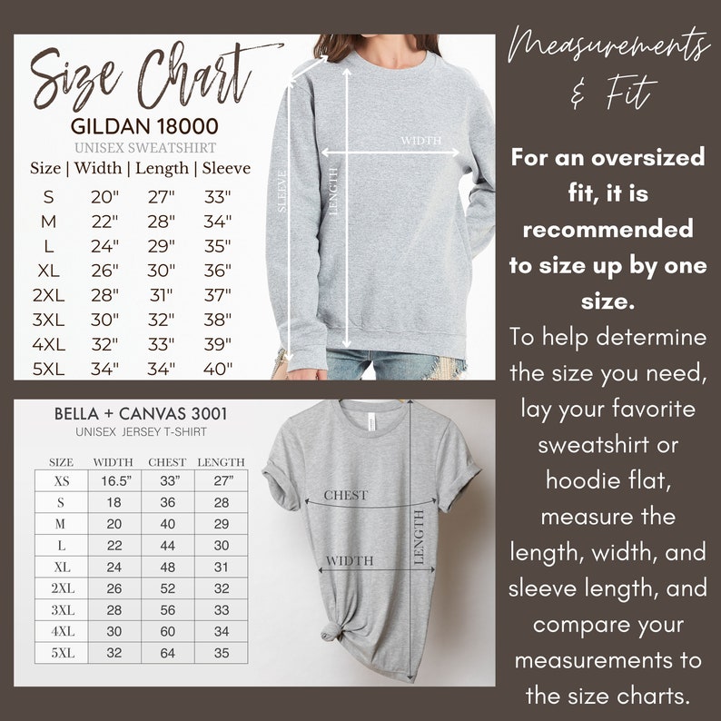 May include: Size chart for Gildan 18000 unisex sweatshirt and Bella + Canvas 3001 unisex jersey t-shirt. The chart shows measurements in inches for width, length, and sleeve length for each size from XS to 5XL.