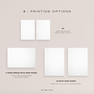 May include: An image displaying three printing options for a product. The text reads "3 PRINTING OPTIONS". The options include A5 size paper, a 2-page spread with crop marks, and A5 with crop marks. The image is on a neutral background.