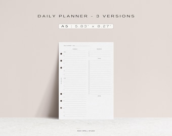 May include: A5 size daily planner with three different versions. The planner is white with black lines and a black header that says "Daily Planner - Time".