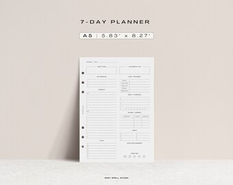 7-Day Planner, A5 Printable Planner Inserts, Undated Daily Planner, Hourly Schedule, To-Do List, Meals and Fitness, Finances, Habits Tracker