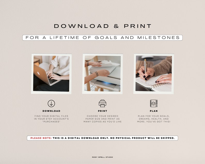 May include: A digital download guide for planning goals and milestones. The guide includes instructions for downloading and printing the files. The text on the image reads "Download & Print for a lifetime of goals and milestones".
