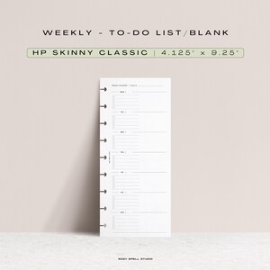 May include: A blank weekly to-do list planner for the Happy Planner Skinny Classic size, measuring 4.125 inches by 9.25 inches.