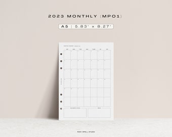 2023 MO1P, Monthly Planner on 1, A5 Printable Planner Inserts, 2023 Monthly Calendar, Blank Monthly Layout, Month At-a-Glance, 2023 Dated