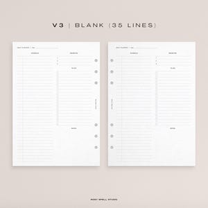 May include: Two blank white pages for a disc planner with 35 lines on each page. The pages are labeled "Daily Planner" and have sections for "Schedule", "Priorities", and "Notes".