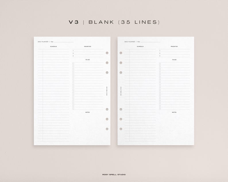 May include: Two blank white pages for a disc planner with 35 lines on each page. The pages are labeled "Daily Planner" and have sections for "Schedule", "Priorities", and "Notes".