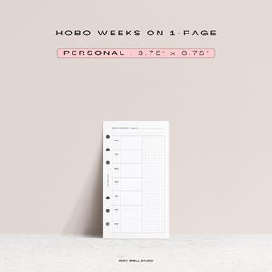 May include: A white planner insert with a grid layout for weekly planning. The insert is labeled "Hobo Weeks on 1-Page" and "Personal 3.75 x 6.75". It has pre-punched holes for binding and is designed for organizing daily tasks.