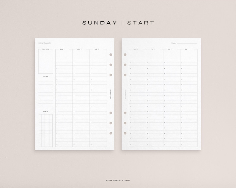 May include: Two-page weekly planner with a minimalist design. The left page includes sections for notes and habits, while the right page is a full weekly schedule. The top of the pages reads "SUNDAY | START". The planner is white with gray lines.