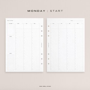 May include: Two-page weekly planner with a minimalist design. The left page includes sections for notes and habits, while the right page is for the weekend. The top of the page reads "MONDAY | START". The planner is white with gray lines.