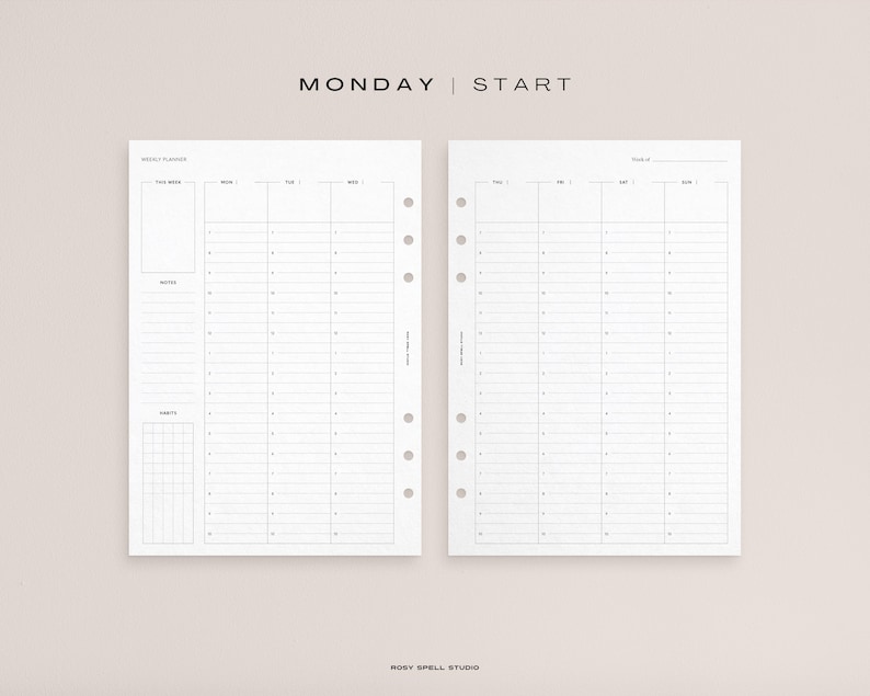 May include: Two-page weekly planner with a minimalist design. The left page includes sections for notes and habits, while the right page is for the weekend. The top of the page reads "MONDAY | START". The planner is white with gray lines.
