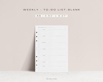 May include: A blank weekly to-do list planner in A5 size, measuring 5.83 inches by 8.27 inches. The planner has a white background with black lines and gray circles for punching holes.
