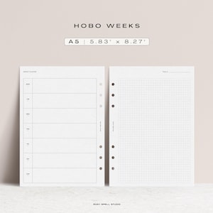 May include: Two white A5 planner pages, 14.8 x 21 cm, with the text "HOBO WEEKS". One page features a weekly planner layout, and the other has a grid pattern. The pages are designed for a planner.