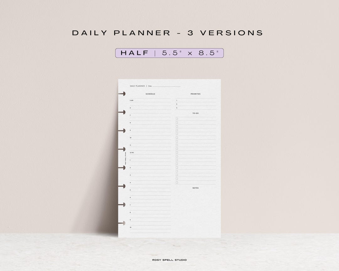 Daily Planner, HALF Printable Planner Inserts, Undated Half Letter Day ...