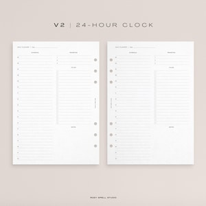 May include: Two blank white pages with a 24-hour clock schedule planner. The pages are designed for a disc bound planner and have a section for schedule, priorities, and notes.