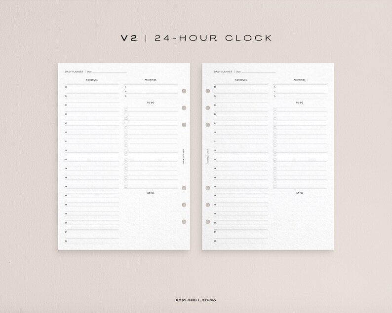 May include: Two blank white pages with a 24-hour clock schedule planner. The pages are designed for a disc bound planner and have a section for schedule, priorities, and notes.