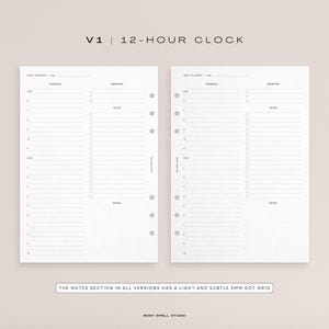 May include: A printable planner page with a 12-hour clock layout. The page is divided into two sections: a schedule section and a to-do list section. The notes section has a light and subtle 5mm dot grid.