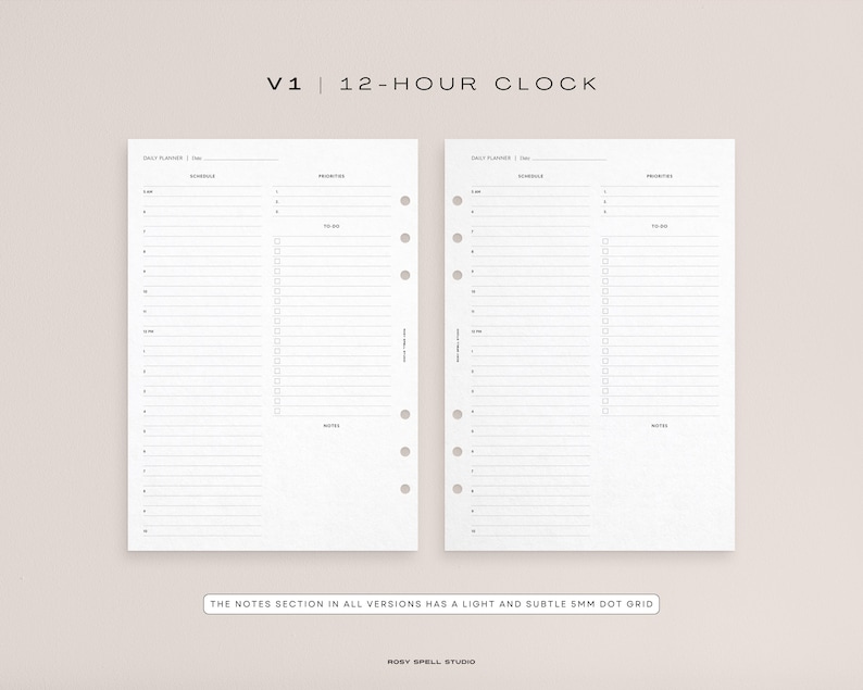 May include: A printable planner page with a 12-hour clock layout. The page is divided into two sections: a schedule section and a to-do list section. The notes section has a light and subtle 5mm dot grid.