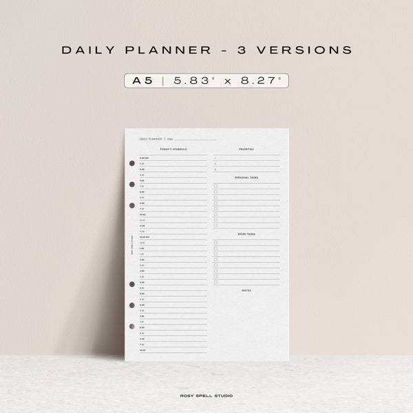 Daily Planner, A5 Printable Planner Inserts, Filofax Organizer A5 Refills, Hourly Schedule, Daily Agenda, To-Do Lists, Work from Home Tasks