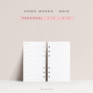 Cuadrícula Hobo Weeks, tamaño personal, insertos imprimibles para agenda, diseño Hobonichi Weeks, semana horizontal sin fecha, agenda de trabajo, diario Bujo 2026