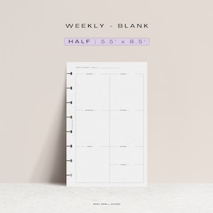 May include: A blank weekly planner with a half-page layout, measuring 14 cm by 21.5 cm. The planner has a simple design with a column for each day of the week.