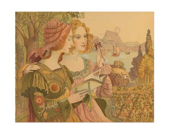 May include: An antique illustration depicts two women in ornate dresses, one in a pink dress and the other in a green dress with floral accents. They are reading a book together, with a coastal landscape in the background featuring boats and mountains.