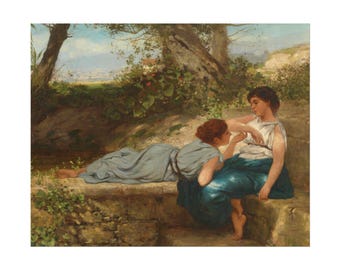 May include: An oil painting depicts two figures in classical attire. One reclines on a stone ledge, draped in a blue-gray cloth, while the other sits, wearing a white top and teal skirt. The scene is set outdoors with lush greenery and a distant landscape.