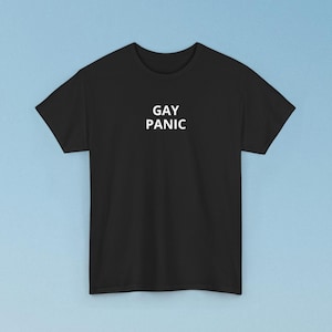 May include: A black short-sleeved t-shirt featuring the text GAY PANIC printed in white capital letters across the center of the chest. The garment has a standard crew neckline and a straight hemline, presenting a simple and clean design.
