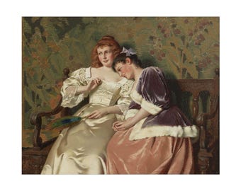 May include: An oil painting depicts two women seated on a wooden bench. One woman wears a cream-colored satin gown and holds a peacock feather fan. The other woman is in a purple velvet dress with a pink skirt. The background features a floral pattern.