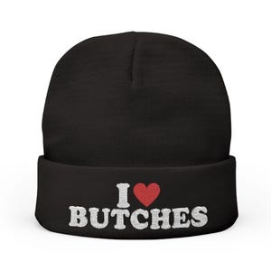Geborduurde gebreide muts - lesbische muts, I Love Butches, I Heart Butches, WLW, sapphic, leuk, schattig, cadeaus