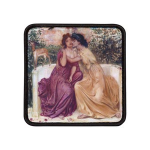 May include: A painting depicting two women in flowing robes, embracing and kissing. They are seated on a stone bench in a garden setting. A small deer stands behind them.