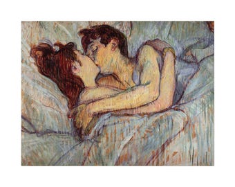 May include: An artistic painting depicts a couple in an intimate embrace, their faces close in a kiss. The artwork features warm skin tones against a backdrop of soft blue and white bedding, creating a tender scene.