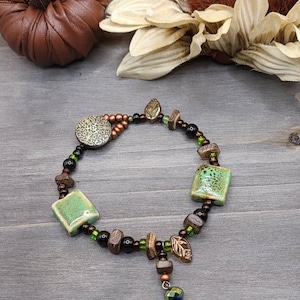 Ceramic glass and wood beaded autumn bracelet with button closure