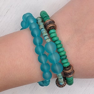 TURQUOISE, COPPER and glass beaded bracelet stack set handmade | glass and wood | blue | green | unique | beautiful | gift idea