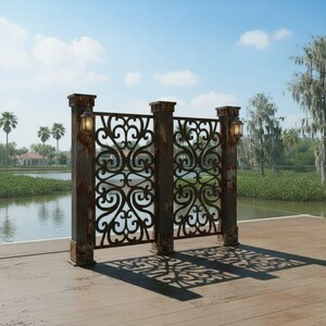 May include: Ornate, wrought-iron fence with a decorative scrollwork design. The fence is supported by weathered wooden posts with integrated lanterns. The scene is set on a wooden dock overlooking a lake, with palm trees and a house in the background.