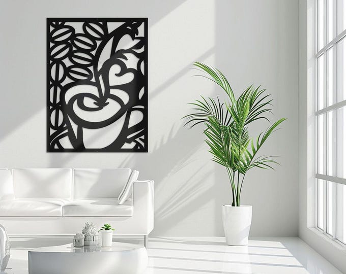 Minimalist Coffee Cup Metal Wall Art, Laser Cut Panel
