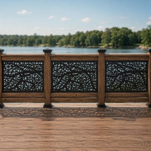 May include: A deck railing featuring three rectangular panels with a black metal laser-cut design of intertwined branches. The railing is constructed from light brown wood with square posts and black caps, set against a lake and forest background.
