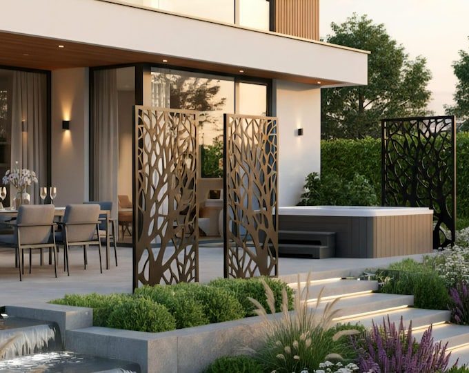 Tree metal privacy screen, rustproof aluminum garden panel, custom outdoor decorative fence insert, modern steel yard art