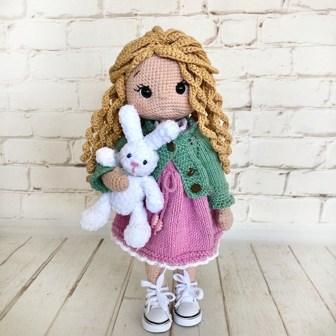 Curly Hair Doll in Pink Dress – Handmade Crochet Toy