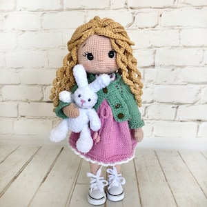 Crochet Curly Hair Blonde Doll,Hand made doll, Adorable Crochet Doll with Rabbit, Handmade Amigurumi Doll, FINISHED PRODUCT