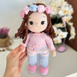 Crochet Curly Brown Hair  Doll,Hand made doll, Adorable Crochet Doll , Handmade Amigurumi Doll, FINISHED PRODUCT