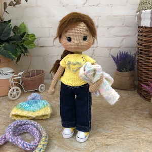 Crochet doll for sale, amigurumi finished doll for sale, curly hair crochet girl, ceochet doll with hand knitted clothes,doll with accessory