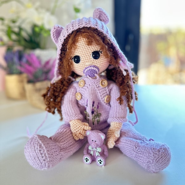 Crochet baby doll , handmade doll with purple outfit, crochet doll with pacifier , amigurumi doll for sale, baby crochet doll ,gift for baby