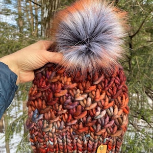 Handmade Merino Wool Beanie | Hand Knit Hat | Faux Fur Pom Pom